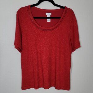 Jaclyn Smith Sparkle Short Sleeve Top XL Red Sequin Stretch Glitter